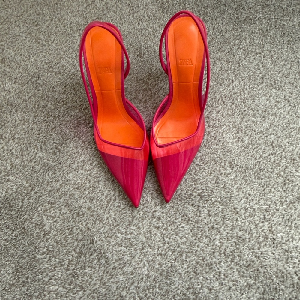 ZARA Hot Pink Pointed Slingback Pumps with Orange Insole